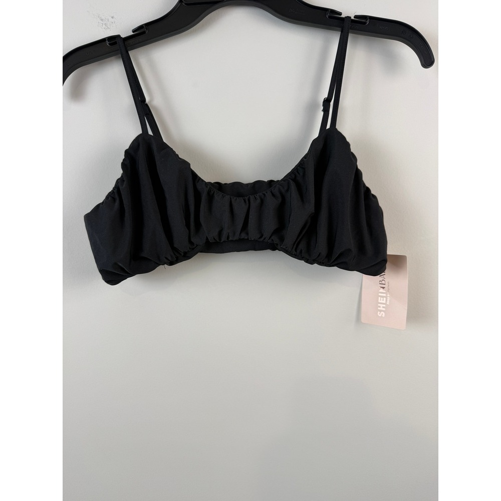 NEW SHEIN Bikini Top Women's Small Black Ruched Adjustable Straps